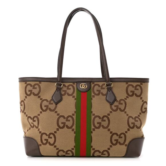 GUCCI Ophidia Jumbo GG Medium Tote Bag in Camel & Ebony Canvas Leather NEW - Picture 1 of 16